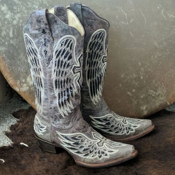 CORRAL A1241 distressed taupe/black winged cross black sequins cowgirl boots 7.5 - Picture 9 of 16